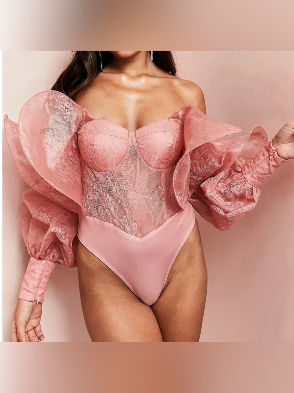 ASOS LUXE Pink Lace Bodysuit Wire Bardot Puff Sleeve Sheer Corset Top Sz 10 NWT